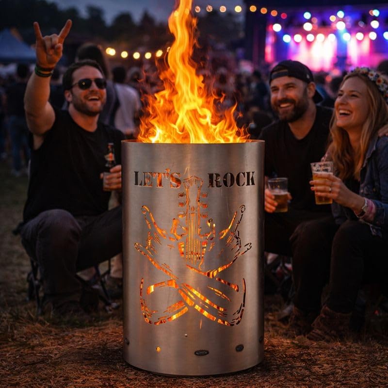 TiKo-Design® Feuertonne - Lagerfeuertonne - Feuerkorb mit Let`s Rock Motiv – Verleihen Sie Ihrem Gar
