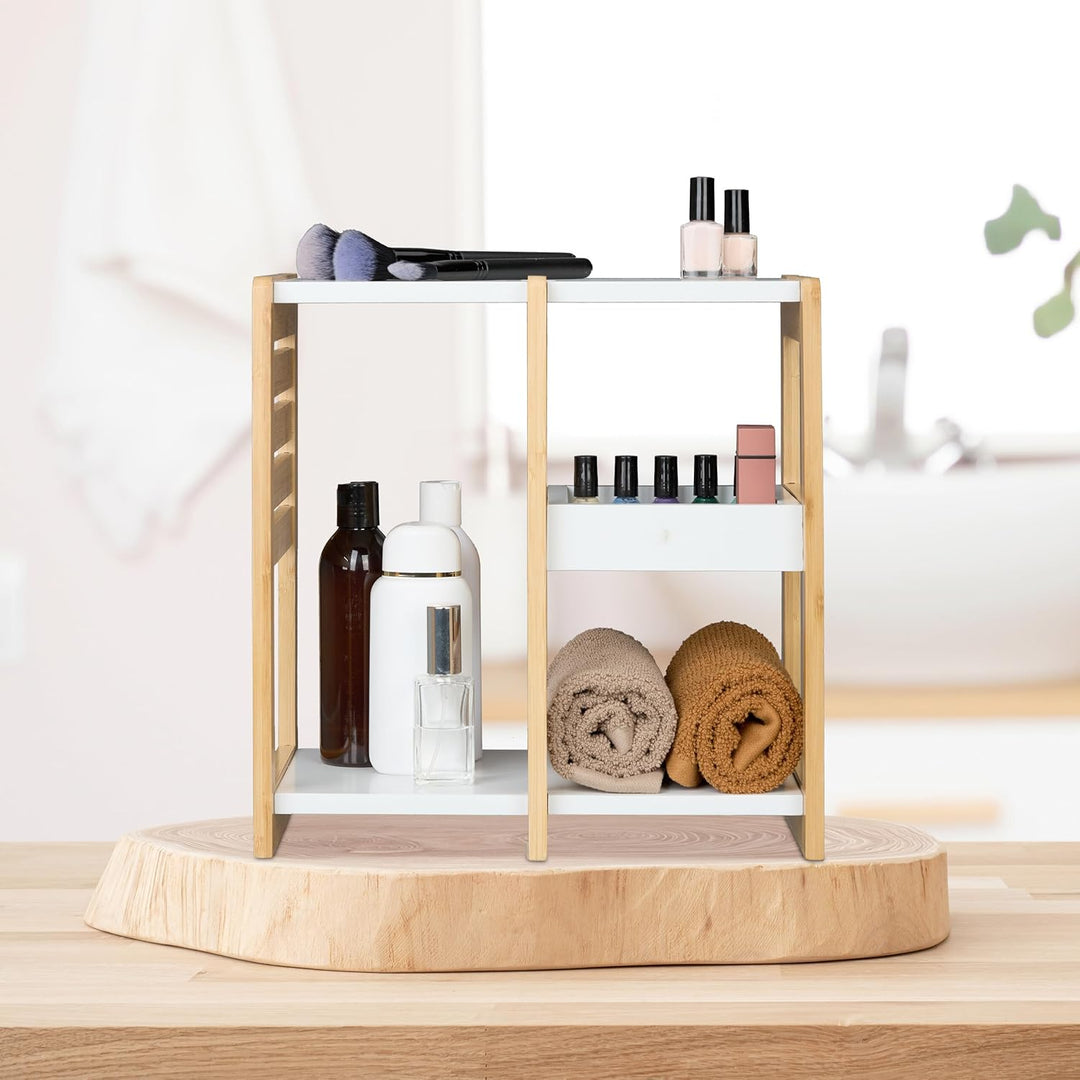 Relaxdays Badregal, 3 Ablagen, HxBxT: 35x34x20 cm, Tischregal für Badezimmer & Küche, Bambus, MDF, n