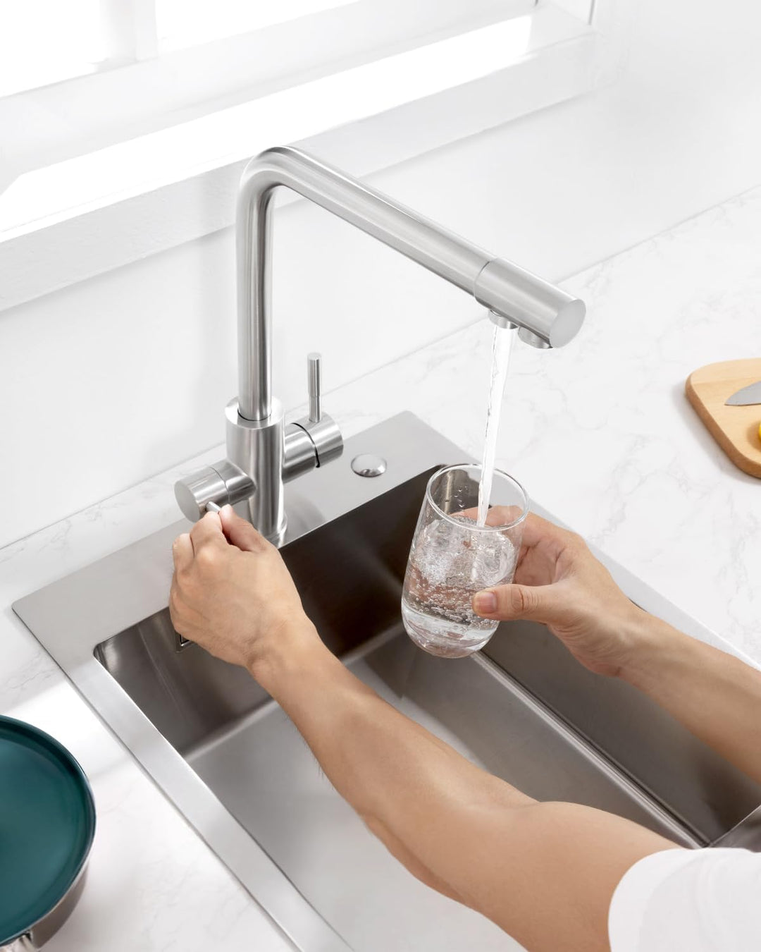 3 Wege Wasserhahn Küche, Küchenarmatur Mit 2 Hebel, Mischbatterie Küche Mit Heissem Und Kaltem Wasse