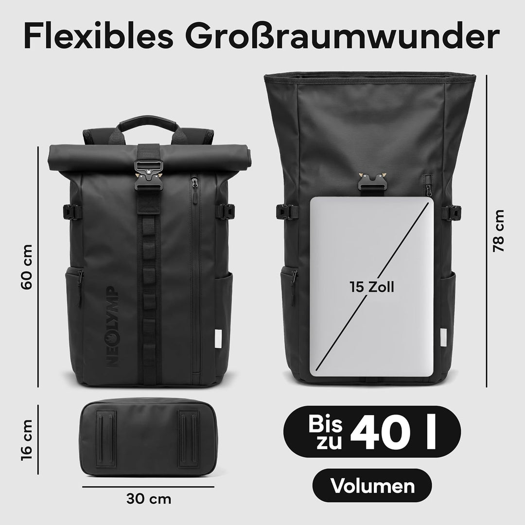 NEOLYMP Rucksack Herren &amp; Damen - wasserdichter Rolltop Backpack mit grossem Laptopfach, Wet Case &amp;
