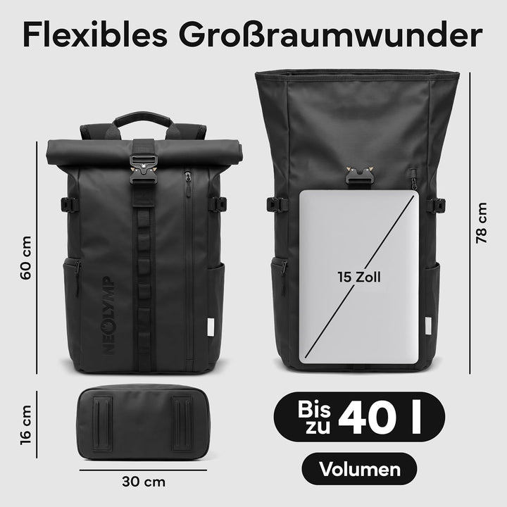 NEOLYMP Rucksack Herren &amp; Damen - wasserdichter Rolltop Backpack mit grossem Laptopfach, Wet Case &amp;