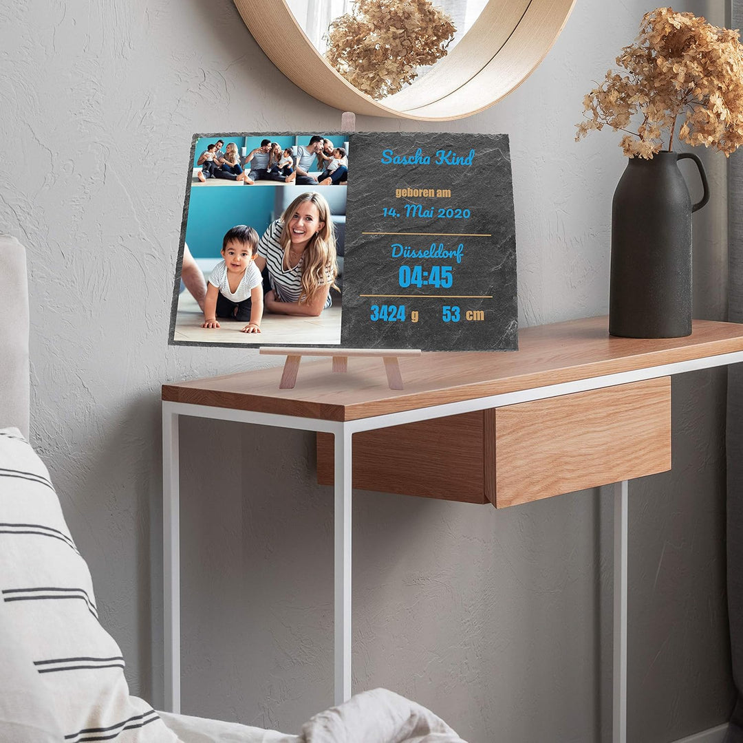 wandmotiv24 Schieferplatte mit eigenen Fotos zur Geburt, 30 x 20 cm, inklusive Staffelei, 4 Fotos +