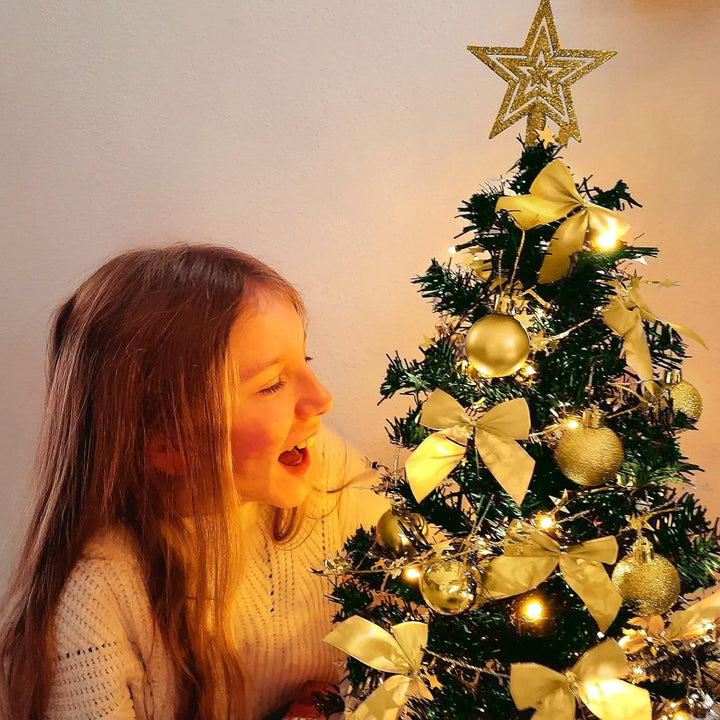 Weihnachtsbaum künstlich (WBD) 60 cm grün mit Weihnachtsdeko Gold und Led Lichterkette mit Batterieb