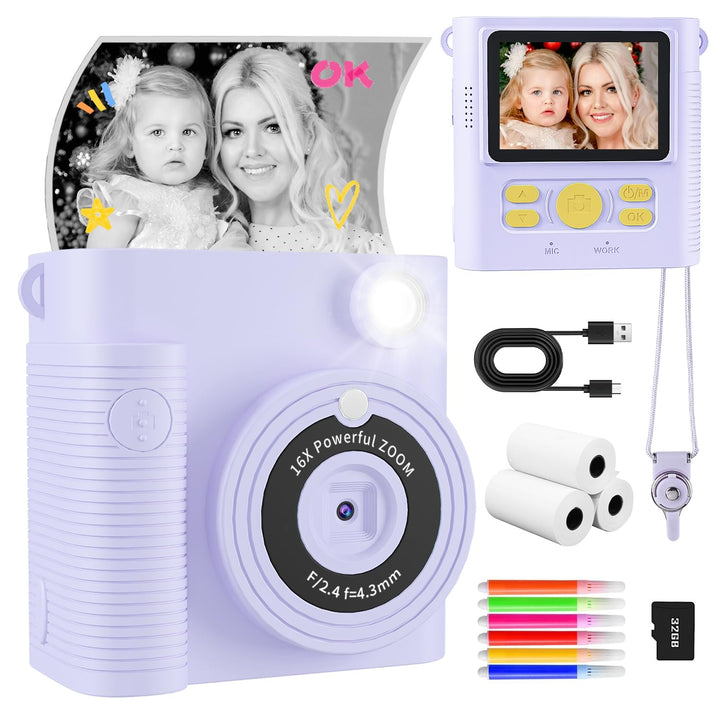 CKATE Kinder Fotokamera Sofortdruck, Kinder Kamera mit 2 Shutters, 1080P HD Sofortbildkamera 32G SD
