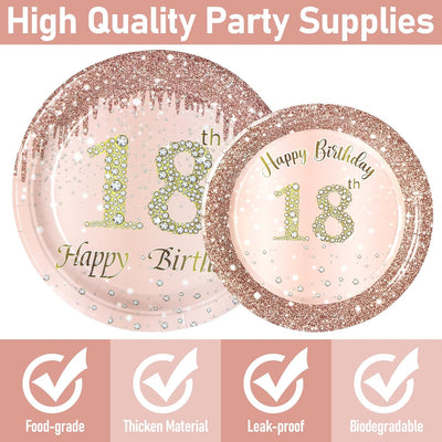 PARTY GO Party Geschirr 96 Stück Roségold Geburtstag Party Geschirr Set, 18th Roségold Geburtstag Pa