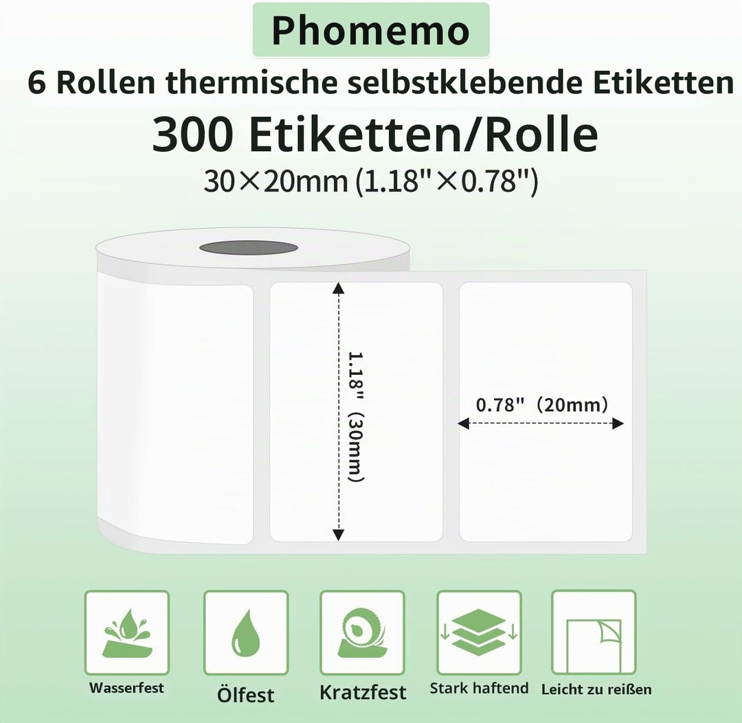 Phomemo M110 Etiketten - 6 Rollen M110/M220/M221/M120/M200 Thermo-Etikettenpapier 30x20mm (1.18„ x 0