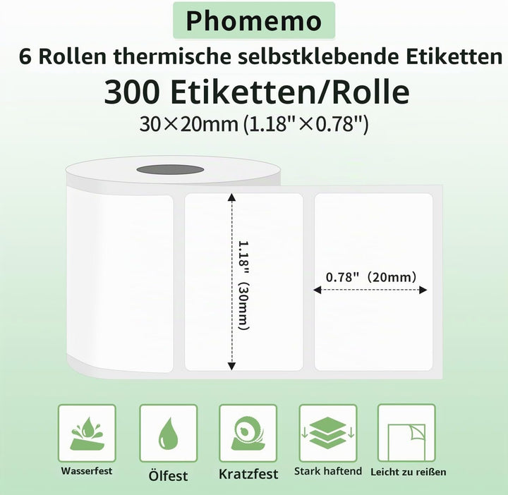 Phomemo M110 Etiketten - 6 Rollen M110/M220/M221/M120/M200 Thermo-Etikettenpapier 30x20mm (1.18„ x 0