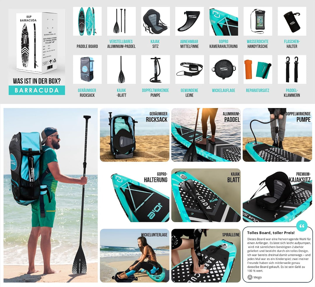 Aqua Spirit Sup Board mit Sitz | Kajak Aufblasbar Barracuda Stand Up Paddling Board 320x81x15cm Für