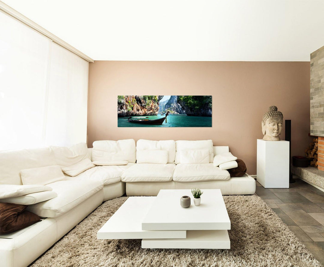 Paul Sinus Art Panoramabild auf Leinwand und Keilrahmen 150x50cm Thailand Steg Meer Boot Felsen