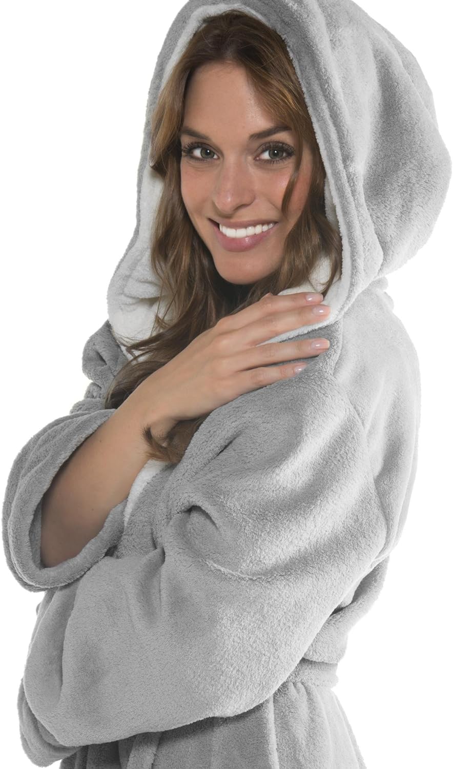 CelinaTex Texas Bademantel Kapuze L grau creme weiss Mikrofaser Damen Herren Morgenmantel Coral Flee