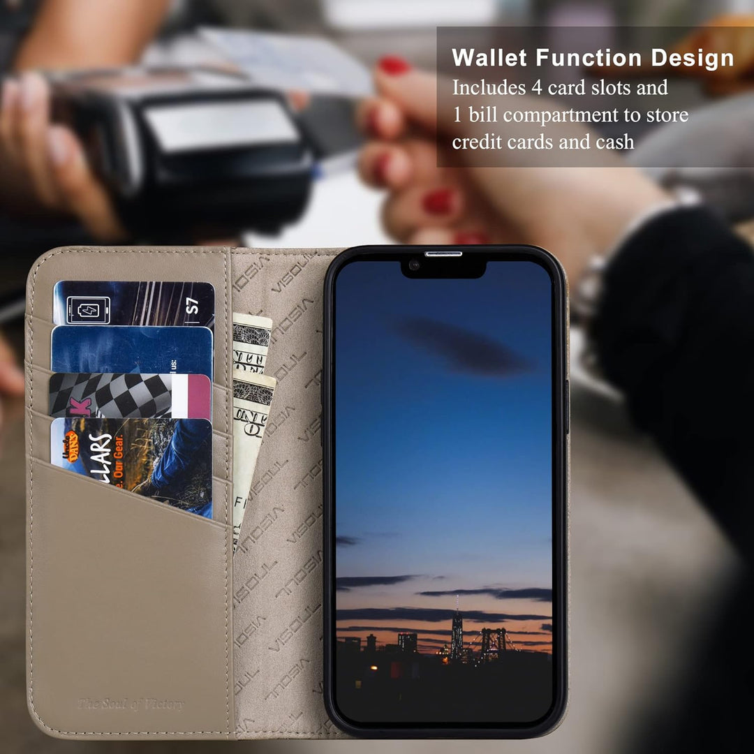 VISOUL iPhone 14 Plus Hülle, Handyhülle [100% Carbon Leder] [RFID Schutz] [Schützt vor Stoss] [Stand