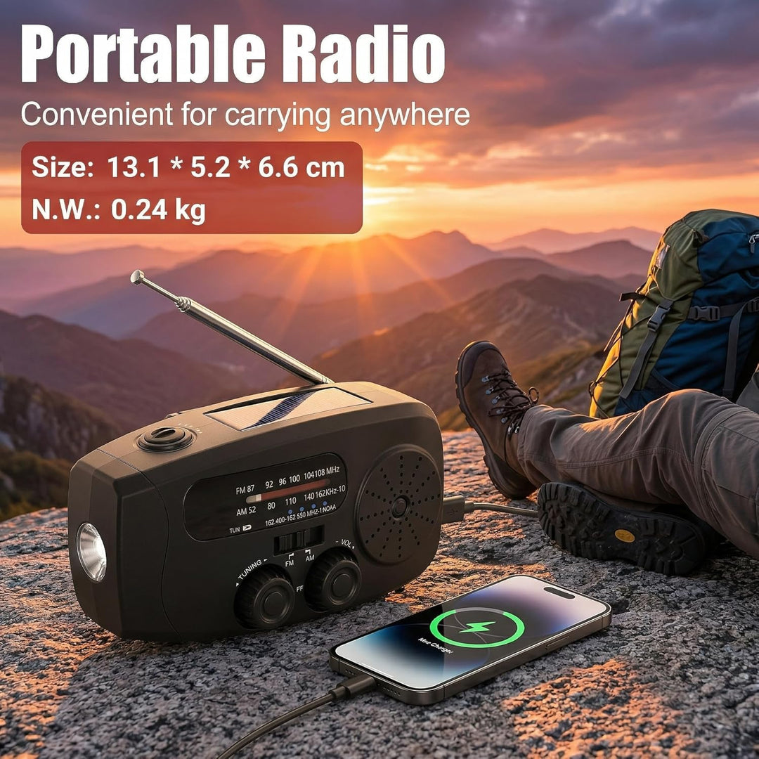 Notfall Kurbelradio Solar Radio mit Powerbank & Taschenlampe, 2000mAh Akku 3-Wege-Laden SOS Alarm, K