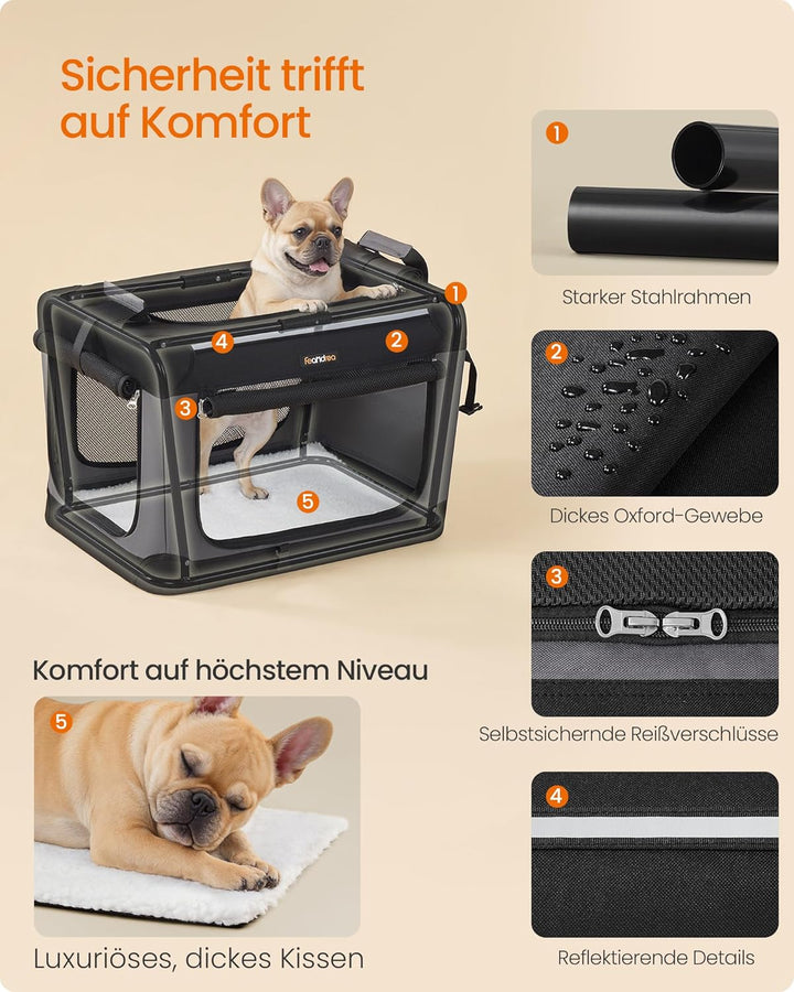 Feandrea Hundebox faltbar, 60 cm Transportbox für kleine Hunde, Hundetasche, Oxford-Gewebe, mit 4 Tü
