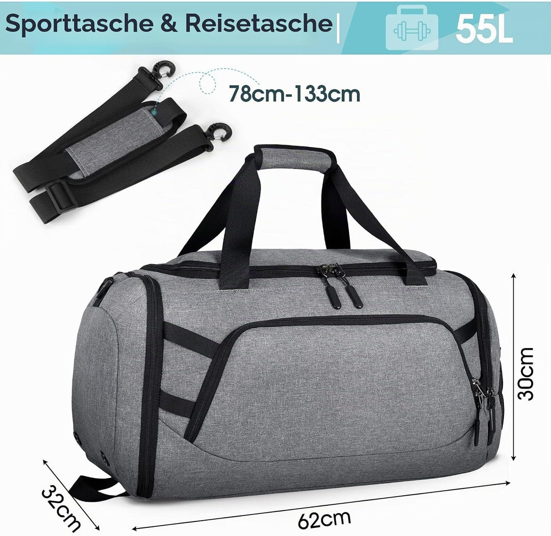 RAINSMORE Sporttasche Herren Reisetasche Gross 55L Weekender Damen mit Schuhfach Nassfach Wasserdich
