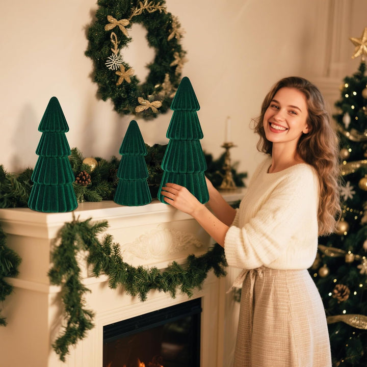 3 Stück Samt Weihnachtsbaum Dekorationen Verschiedene Grössen Moderne Kegel künstliche Bäume für Wei