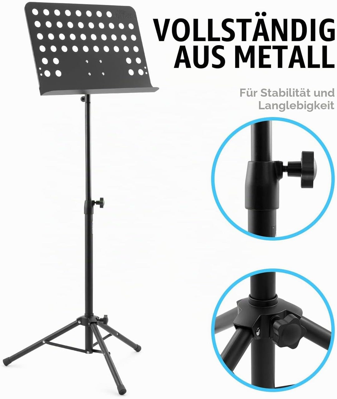 TIGER MUS7-BK Orchester-Notenpult, Metallkonstruktion, voll verstellbarer Notenständer, Schwarz Schw