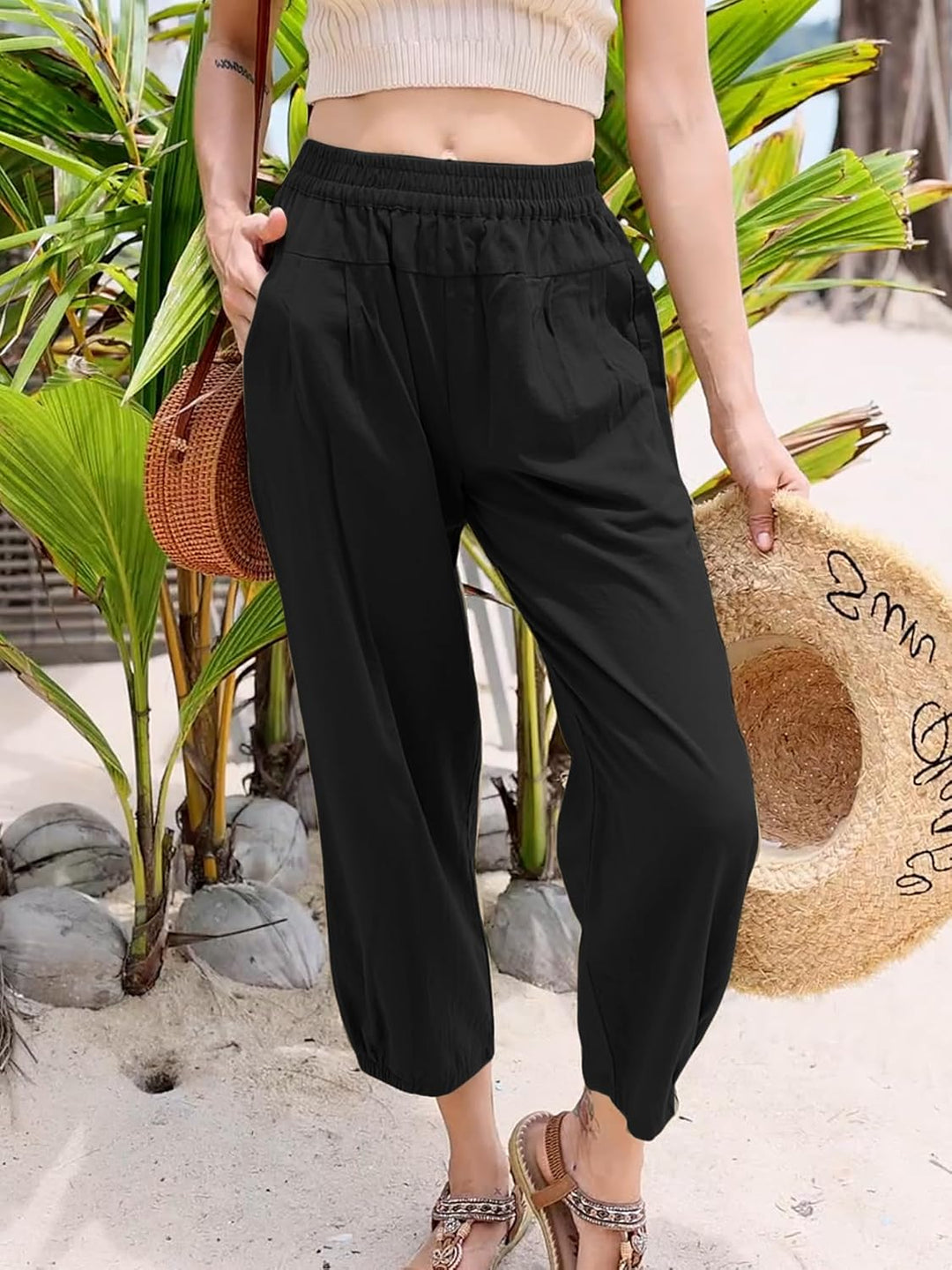 Les umes Damen Baumwolle Casual Capri Hose Elastische Taille Sommer Hose Haremhose mit Taschen L Sch