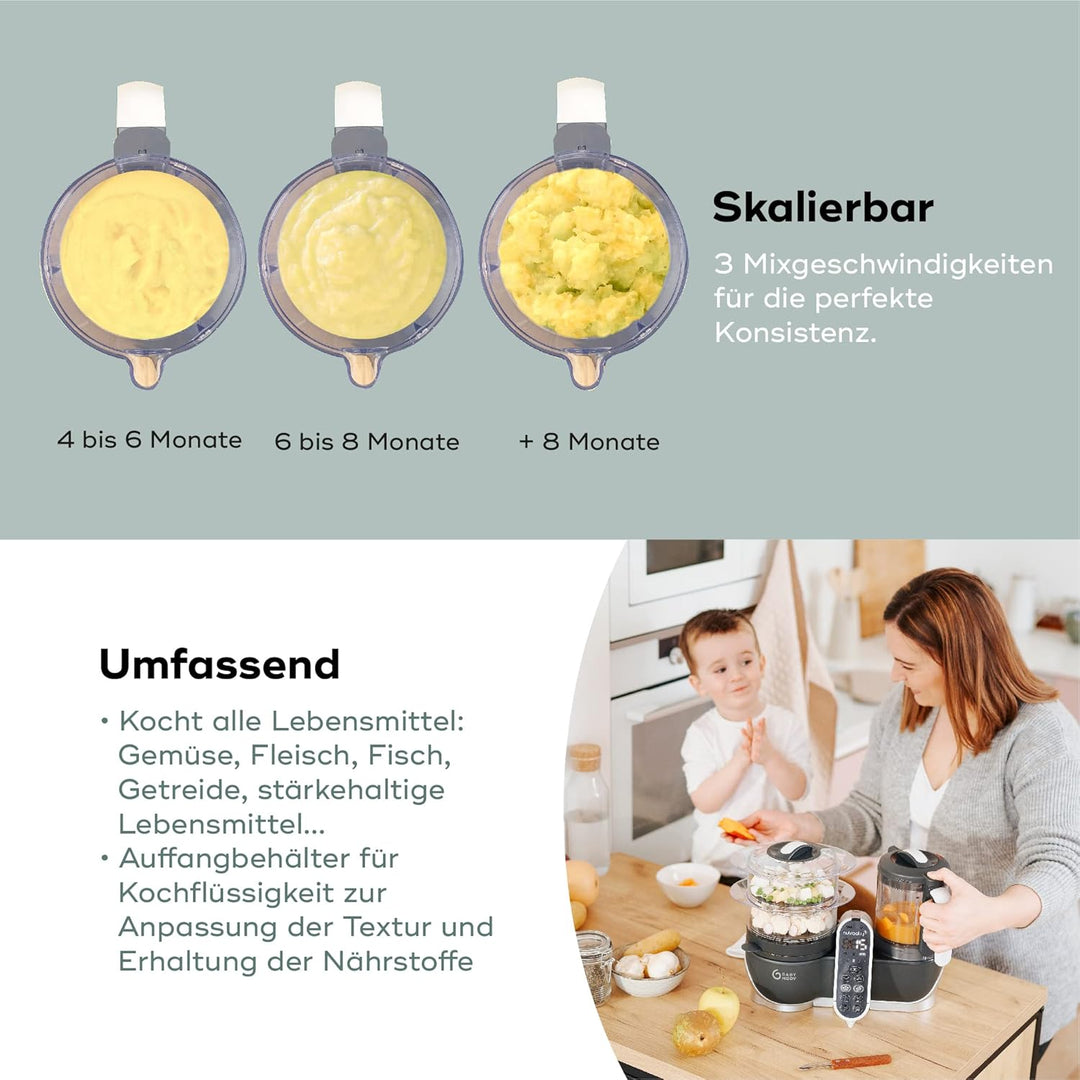 Babymoov Nutribaby Plus industrial grey Babynahrungszubereiter inkl. Babybols Aufbewahrungsbehälter-