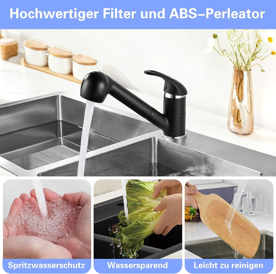Namuoto Küchenarmatur Ausziehbar Schwarz,360° Drehbar Wasserhahn Küche,Armatur Küche mit 2 Wasseraus
