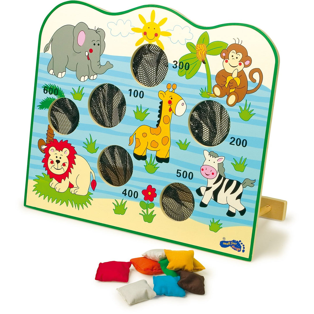 small foot Wurfstand "Afrika" aus Holz, mit bunten Farbsäckchen, 6 Wurflöchern und Tiermotiven, ab 3