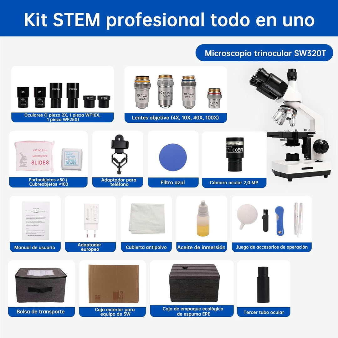 SWIFT SW320T Trinokulares Mikroskop 40x–5000x – Professionelles Labormikroskop mit 2-MP-Kamera, Trag
