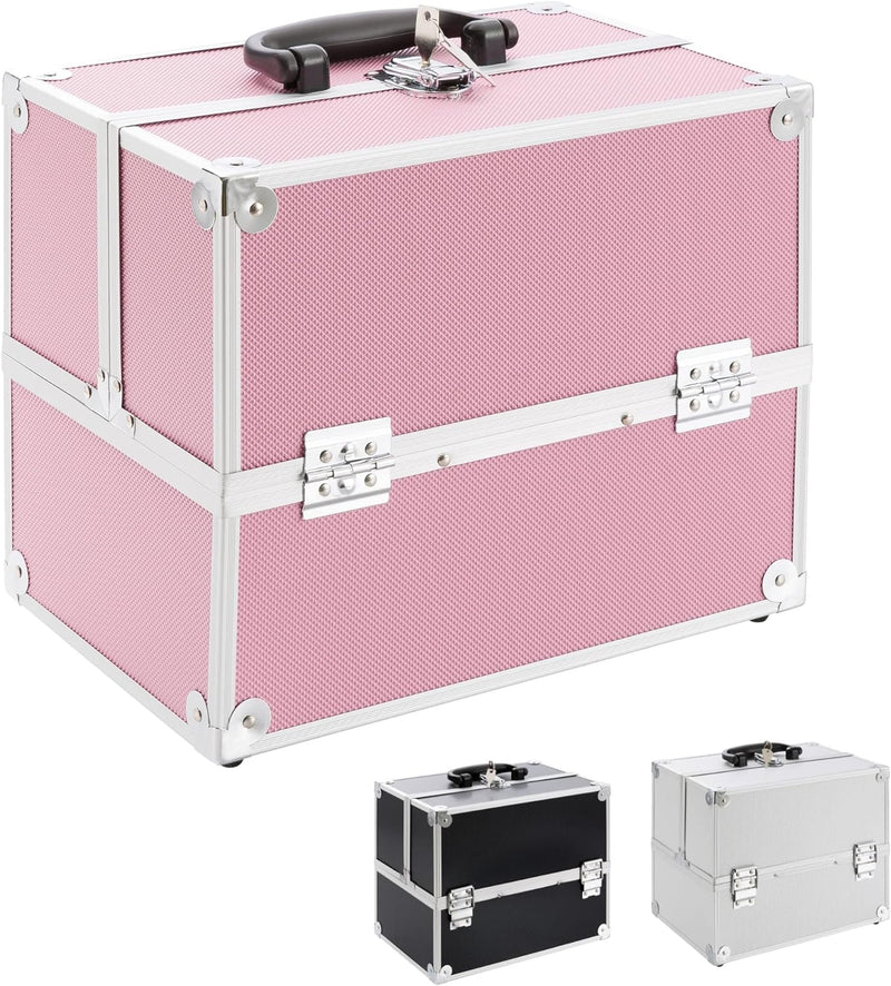 Arebos Kosmetikkoffer | 15L | 5 Fächer | Pink | Aluminium | inkl. Schloss & Schlüssel | 2 ausklappba