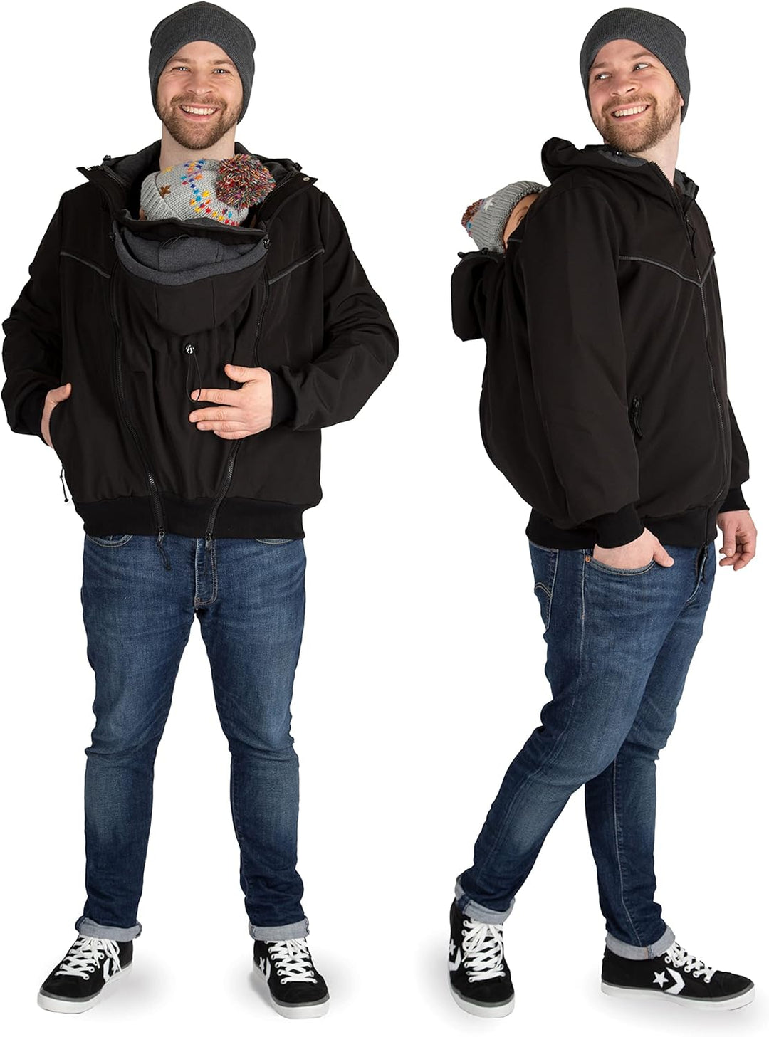 Viva la Mama - Männerjacke zum Babytragen aus Softshell - Explorer M Schwarz - mit Rückentragemöglic