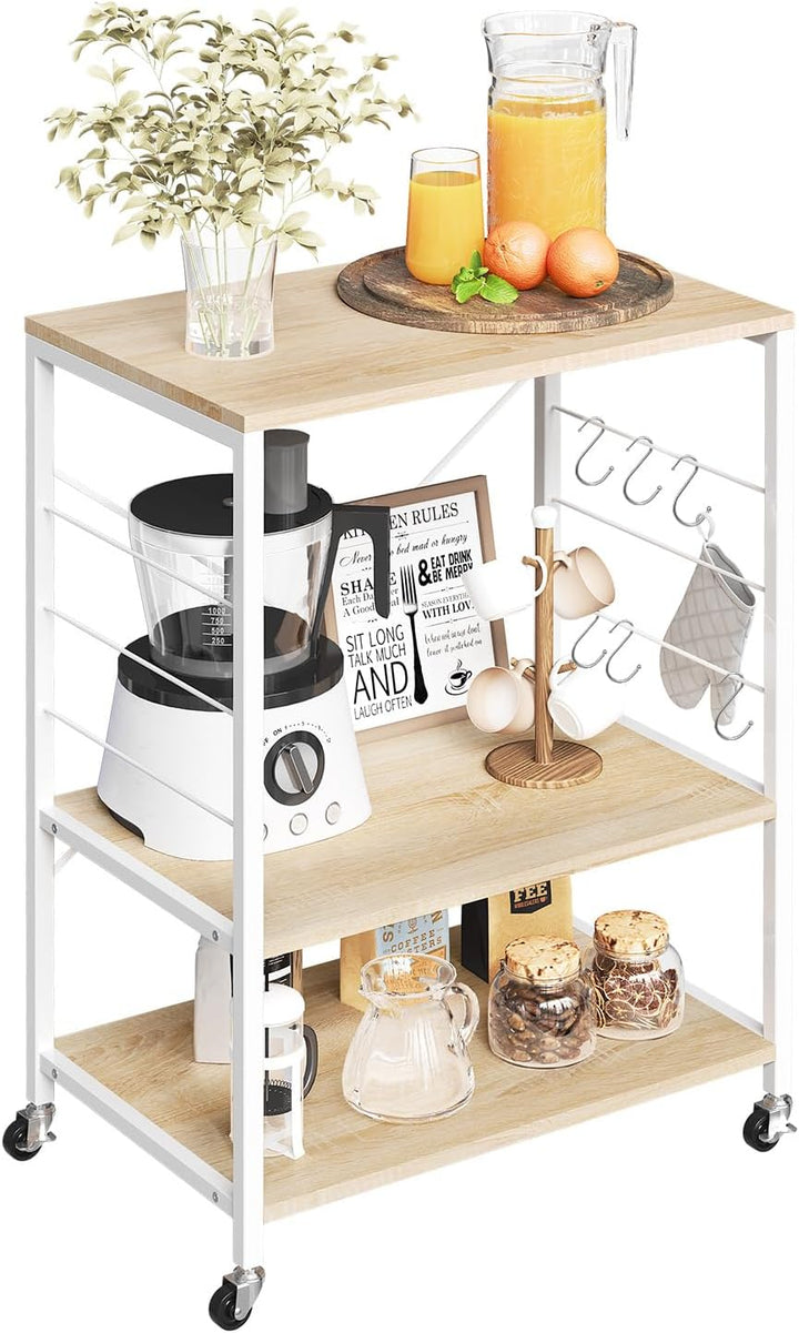 WOLTU Küchenregal auf Rollen, Mikrowellen-Regal mit 3 Ablagen & 4 Haken, dreistufiger Servierwagen m