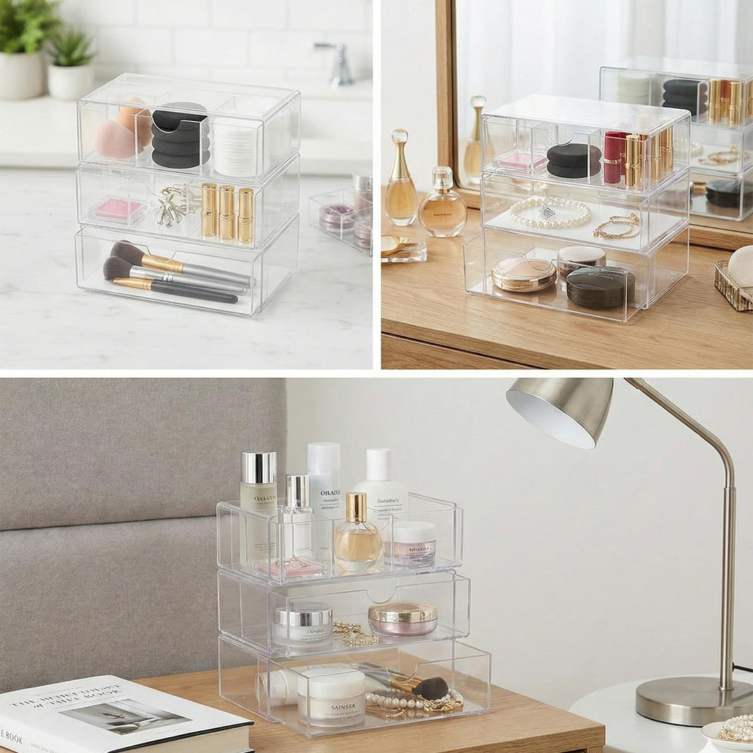 3 Stück Acryl Schmink Organizer Schminktisch Make up Organizer Kosmetik Makeup Organizers Schubladen