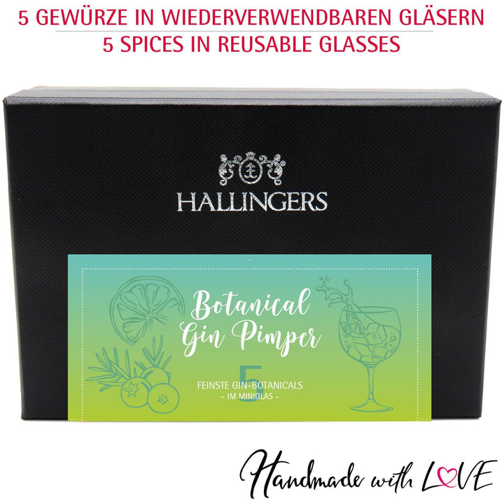 Hallingers Botanical Gin Pimper - Gewürz Geschenkset Gin handmade, 5 Gewürze als Gin-Botanicals (Set