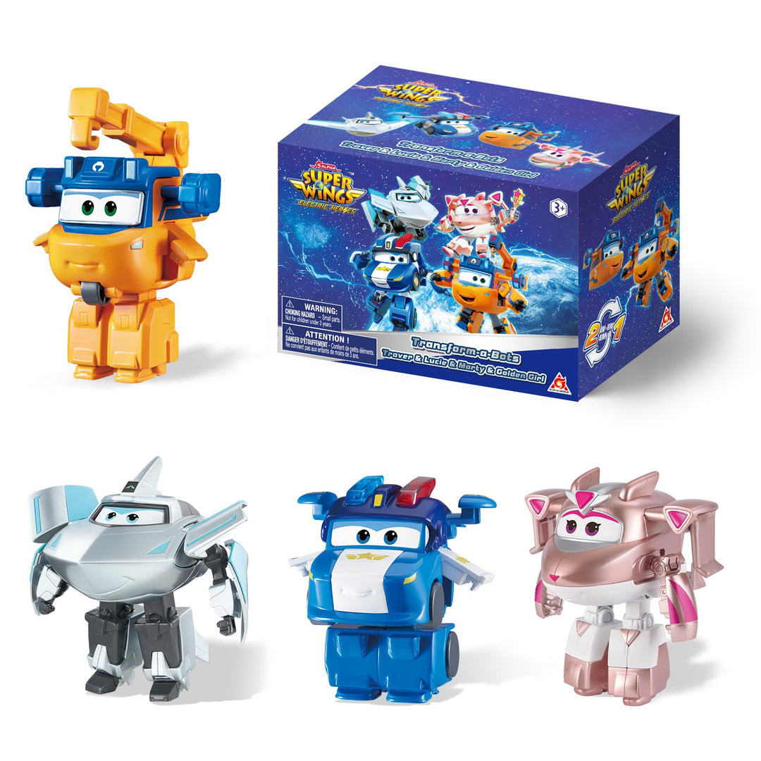 Super Wings Transforming Figuren 4 Pack, 5 cm Lucie &amp; Marty &amp; Traver &amp; Golden Girl, Roboter zu Flugz