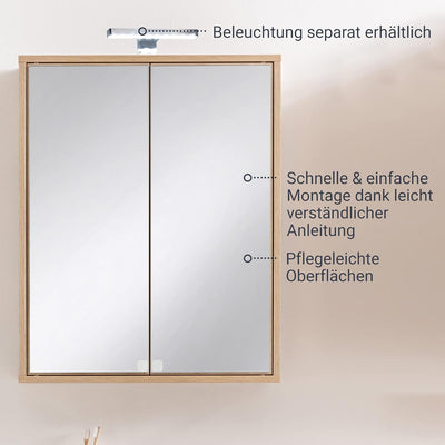 FACKELMANN Finn Spiegelschrank (60 x 75 x 20,5 cm) – Wandschrank mit Spiegel hängend mit 2 Einlegebö