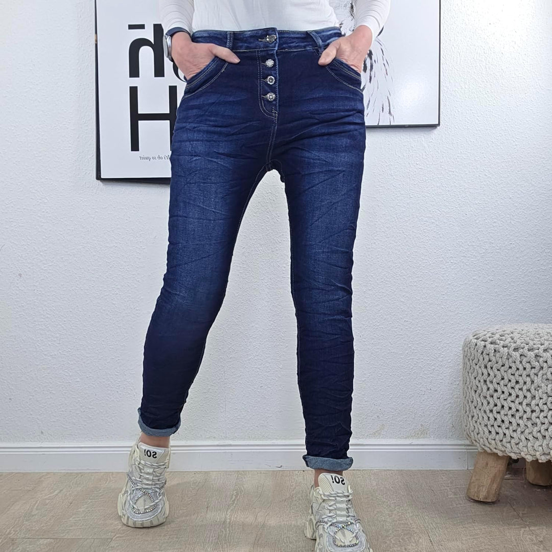 Jewelly Stretch Jeans| im Baggy Boyfriend Schnitt| Damen Hose mit dekorativer Knopfleiste| Perfekter