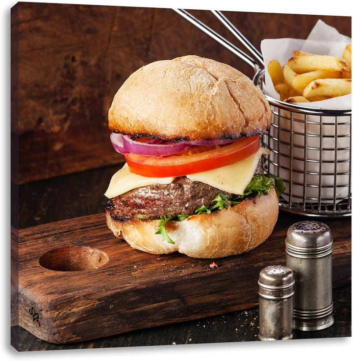 Cheesburger mit Pommes, Format: 70x70 auf Leinwand, XXL riesige Bilder fertig gerahmt mit Keilrahmen