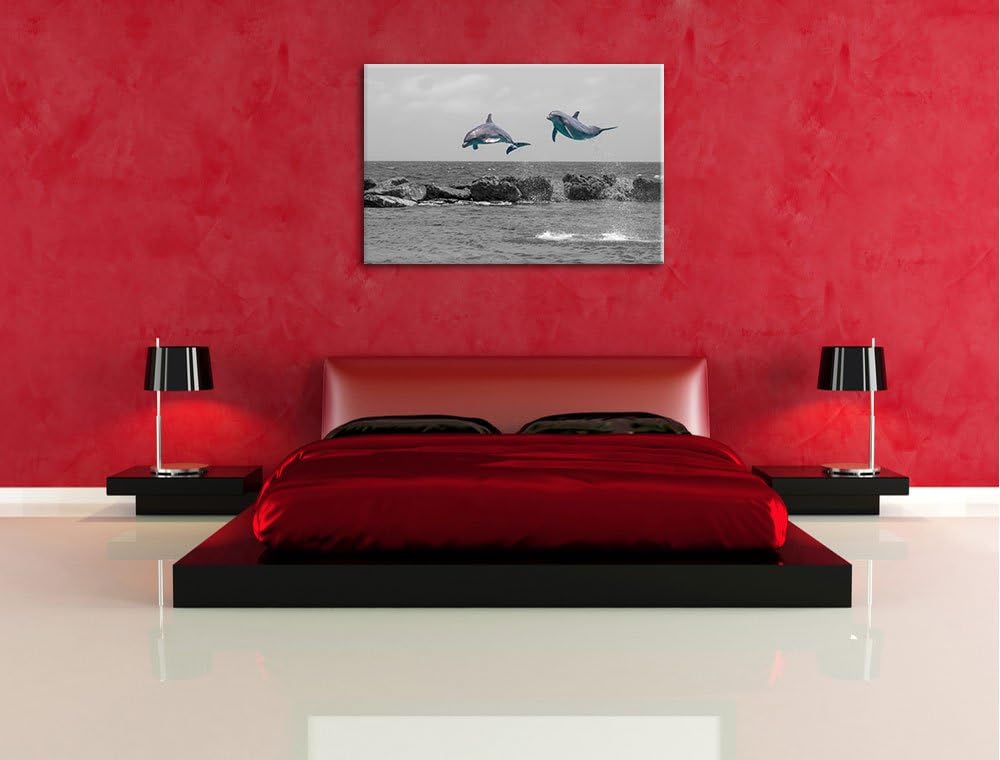 zwei hoch springende Delphine schwarz/weiss Format: 100x70 auf Leinwand, XXL riesige Bilder fertig g