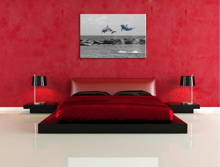 zwei hoch springende Delphine schwarz/weiss Format: 100x70 auf Leinwand, XXL riesige Bilder fertig g