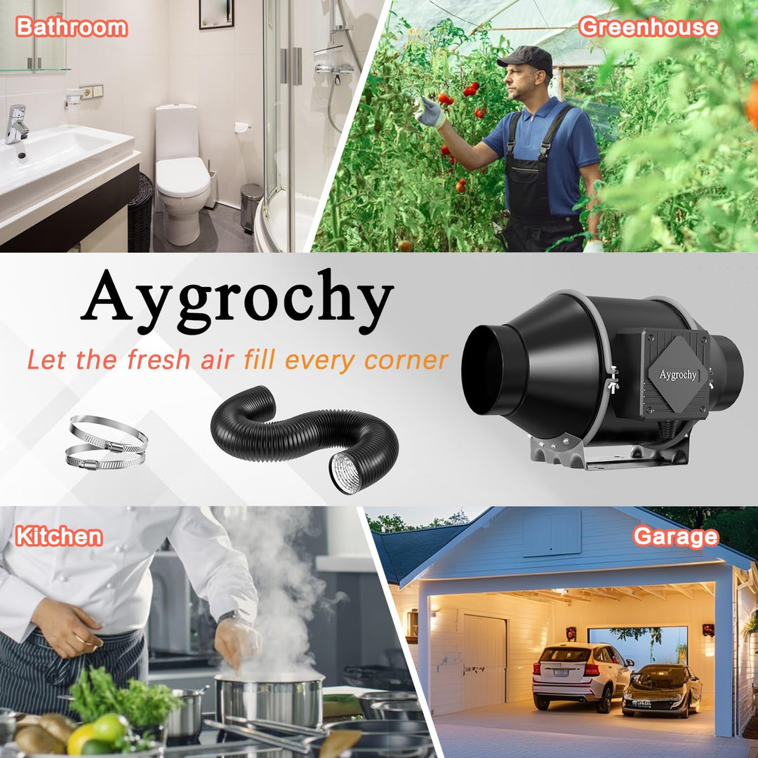 Aygrochy 100mm Regelbar Rohrventilator mit Abluftschlauch, Drehstrom EC motor Abluftventilator für H
