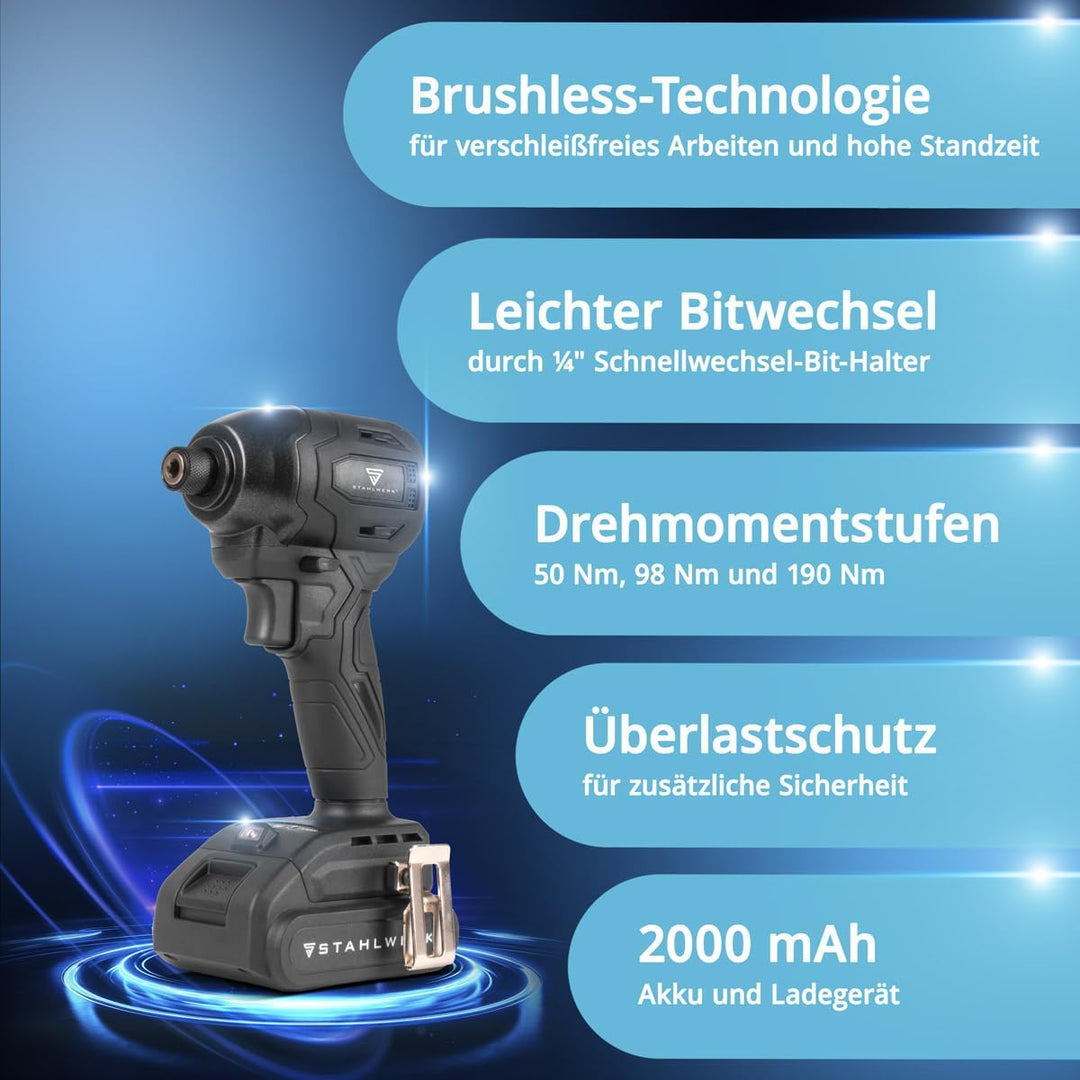STAHLWERK Akku-Schlagbohrschrauber ADS-190 ST – 20 Volt-System und Brushless-Technologie Akkuschraub