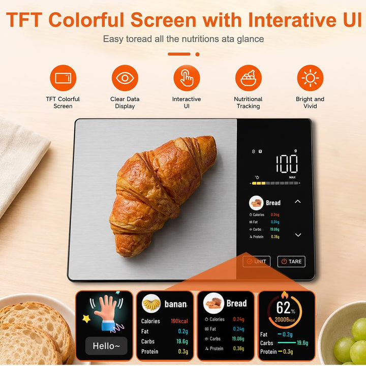 Küchenwaage Digital, SGZIOO Food Scale, Lebensmittelwaage mit TFT Farbdisplay Kalorienrechner Kosten