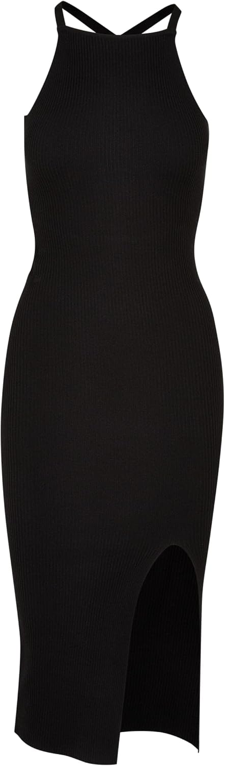 Urban Classics Damen Ladies Midi Rib Knit Crossed Back Dress L Schwarz, L Schwarz