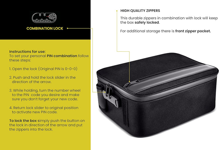MYSTE BOX Geruchssichere Tasche mit Schloss, Karbonfutter, geruchsdicht, für die Reise, Schwarz, gro