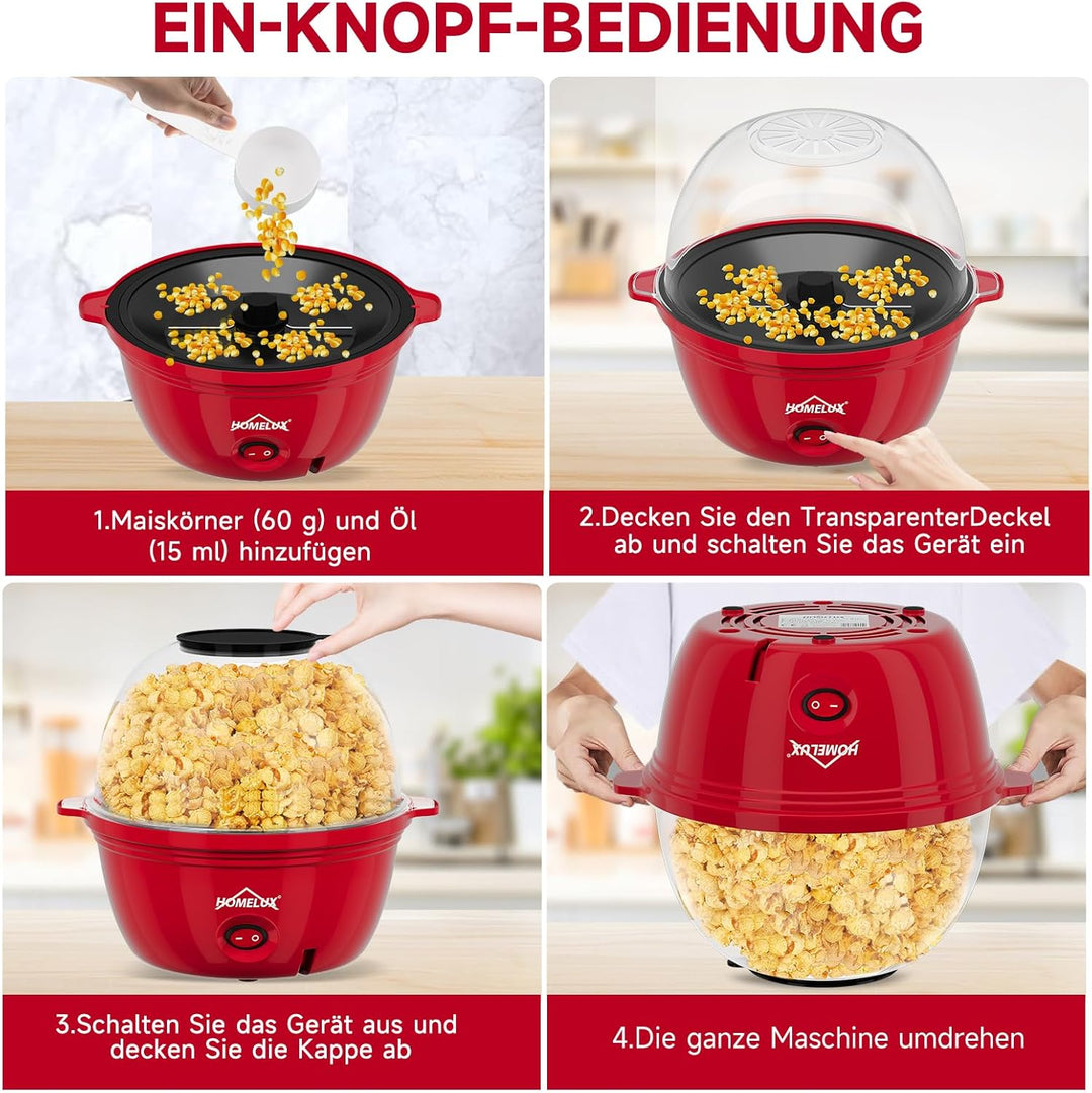 HOMELUX Popcornmaschine Popcorn Maker 450W Mini Popcorn Maschine mit Messlöffel Antihaftbeschichtung