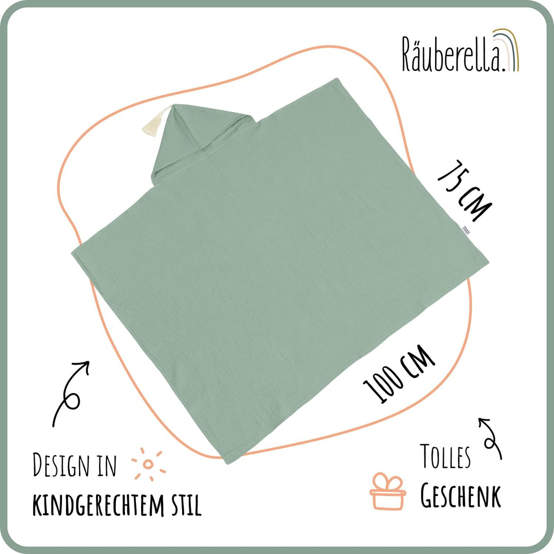 Räuberella® Kapuzenhandtuch-Baby in Mint-Grün I 75x100cm I Musselin-Badetuch-Baby aus 100% Bio-Baumw