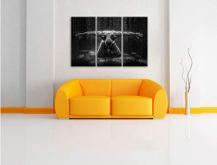 Pixxprint Bodybuilder im Regen 3-Teiler Leinwandbild 120x80 Bild auf Leinwand
