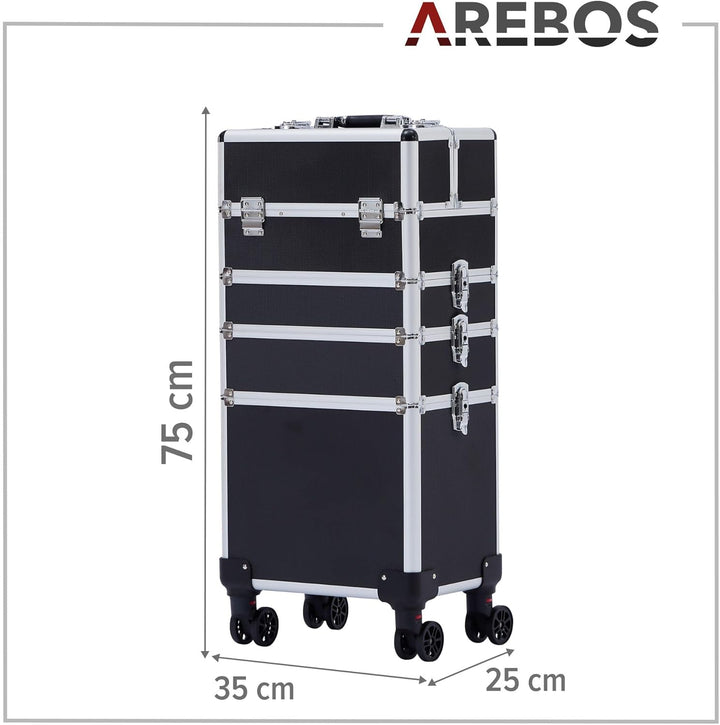 Arebos 4-in-1 Kosmetikkoffer | 4 Fächer & 1 Schublade | Teleskop- und Tragegriff | 8 Schlösser | 4X