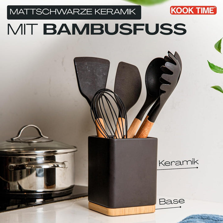 KOOK TIME Küchenutensilienhalter - Utensilienhalter küche aus keramik und Bambus - Quadratischer küc