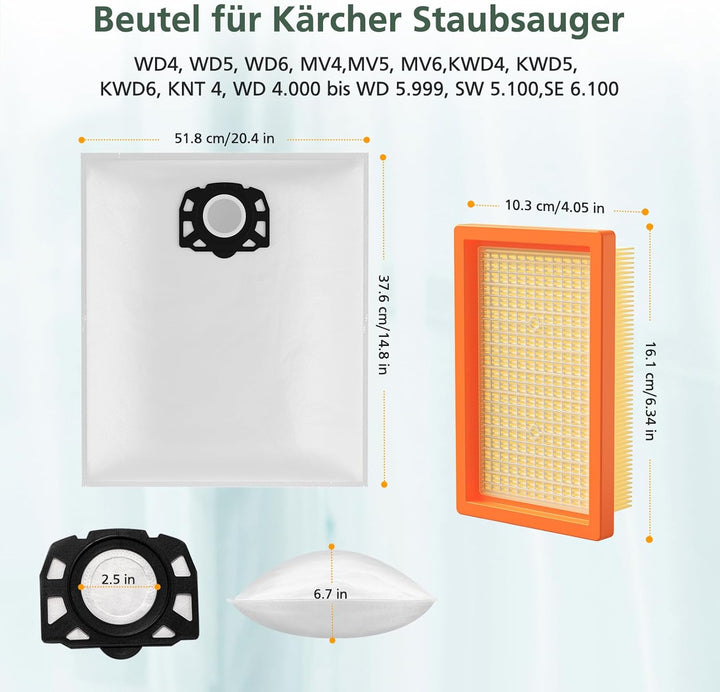 12 Stück KFI 487 Staubsaugerbeutel für Kärcher WD4,WD5,WD6,WD5P,WD6P, MV4, MV5, MV6,für Kärcher 2.86