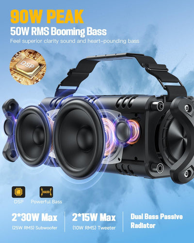Bluetooth Lautsprecher, W-KING 50W Musikbox mit Enormer Bass/EQ/Powerbank/24H Akku/Wasserdicht IPX6