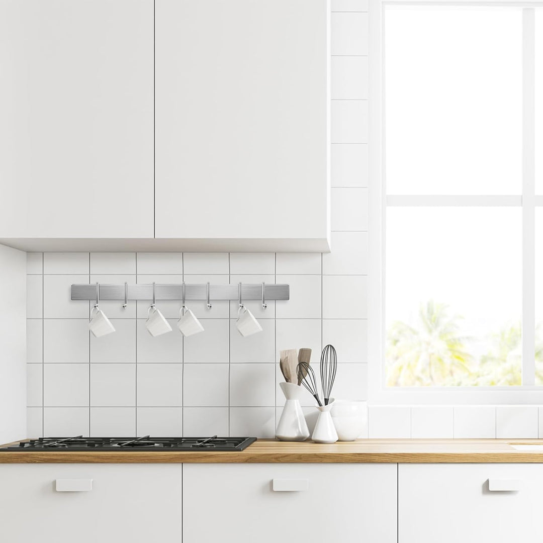 Hakenleiste Küche 40cm, Küchenhalterung ohne Bohren mit 7 abnehmbaren Haken, Aluminium Küche Hakenle