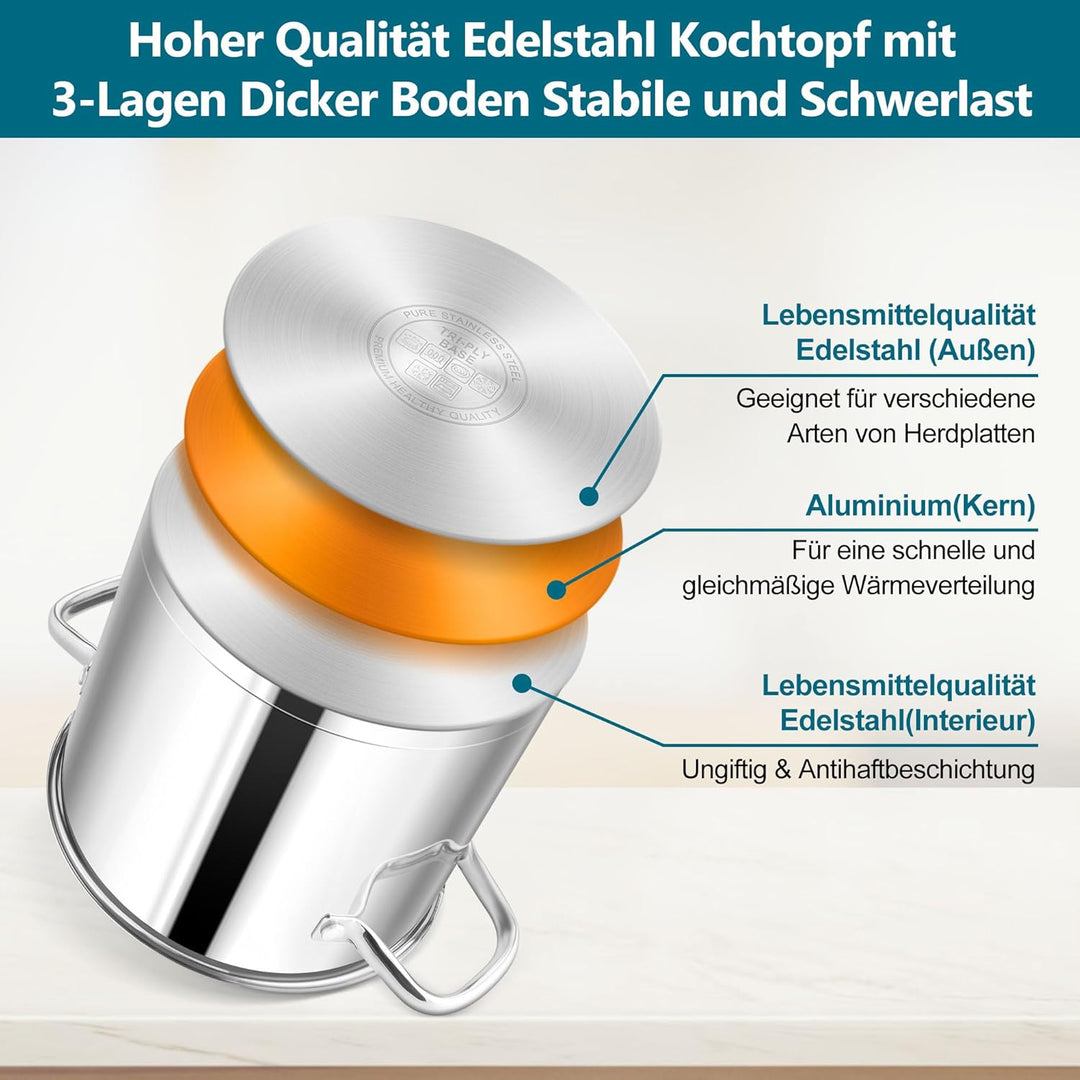 Homikit 9,4L Kochtopf, Edeastahl Topf Nudeltopf Induktion mit Glasdeckel, Suppentopf Fleischtopf aus